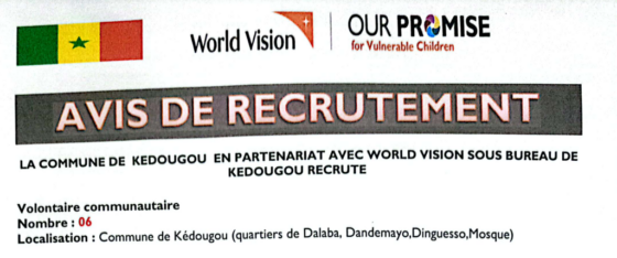 Avis de recrutement de volontaires communautaire.